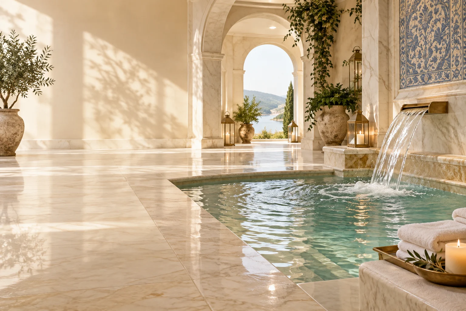 Ambiente de spa com água e luz natural