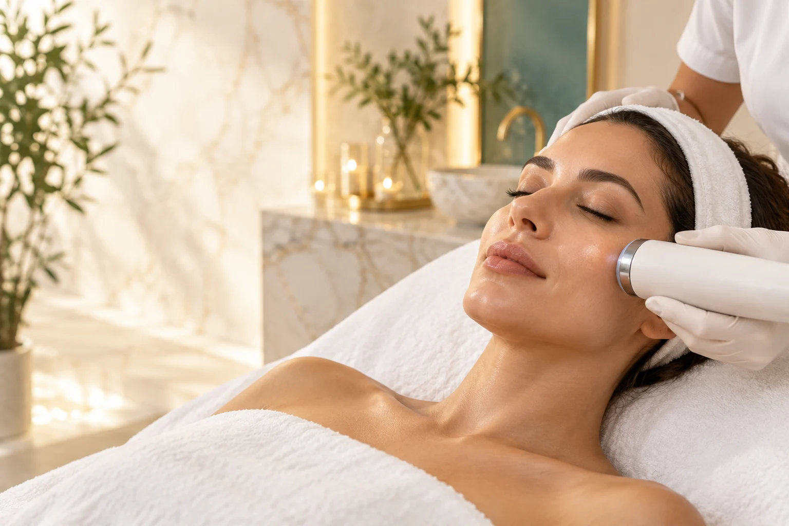 Cuidado facial com equipamento estético