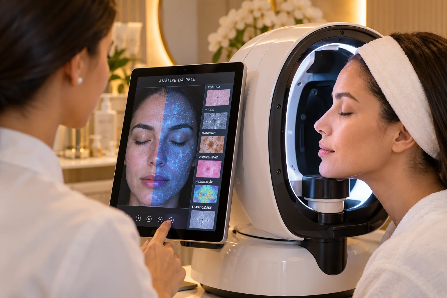 Análise facial e diagnóstico de pele com equipamento de análise numa clínica spa.