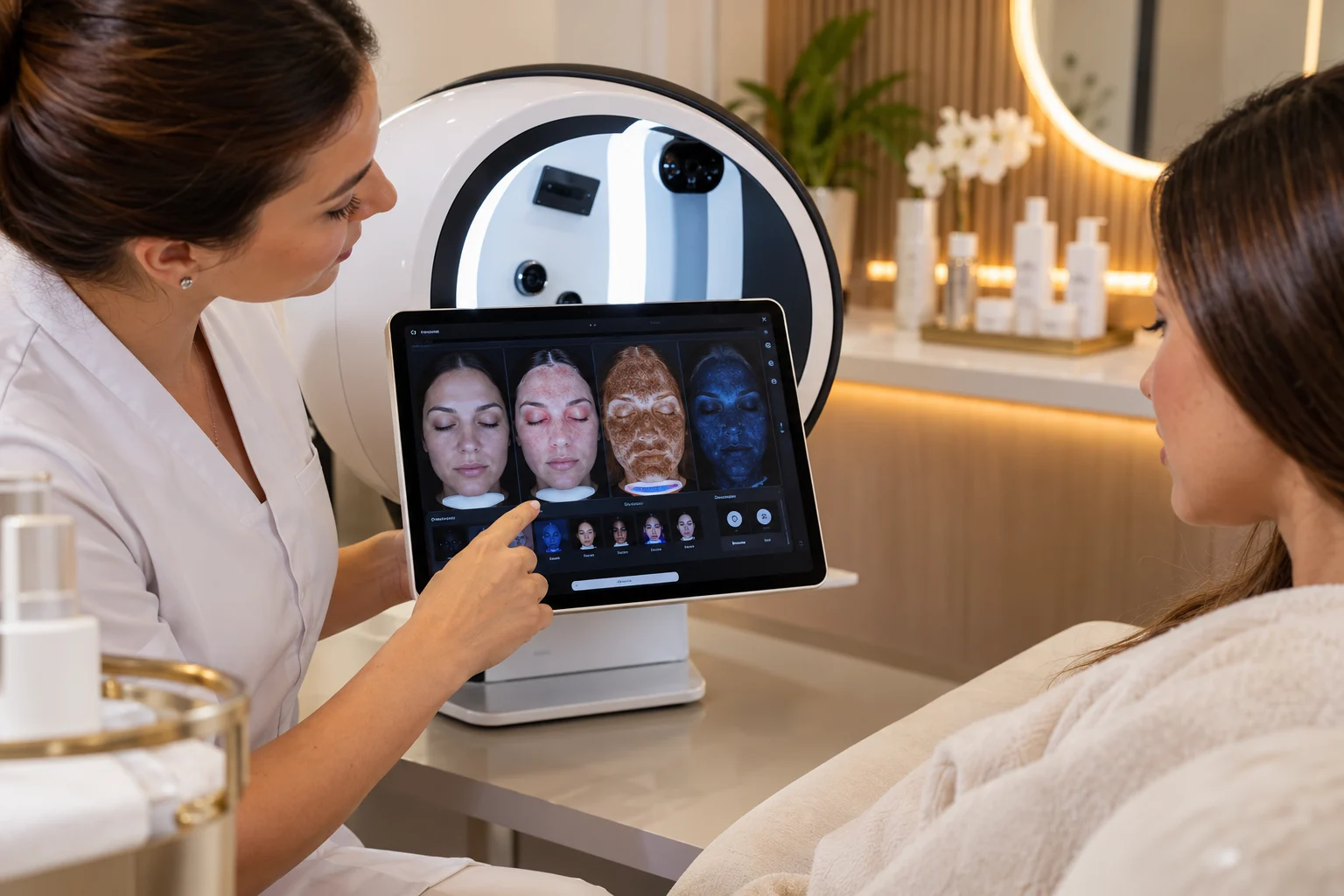 Consulta de pele com tecnologia avançada numa clínica spa.
