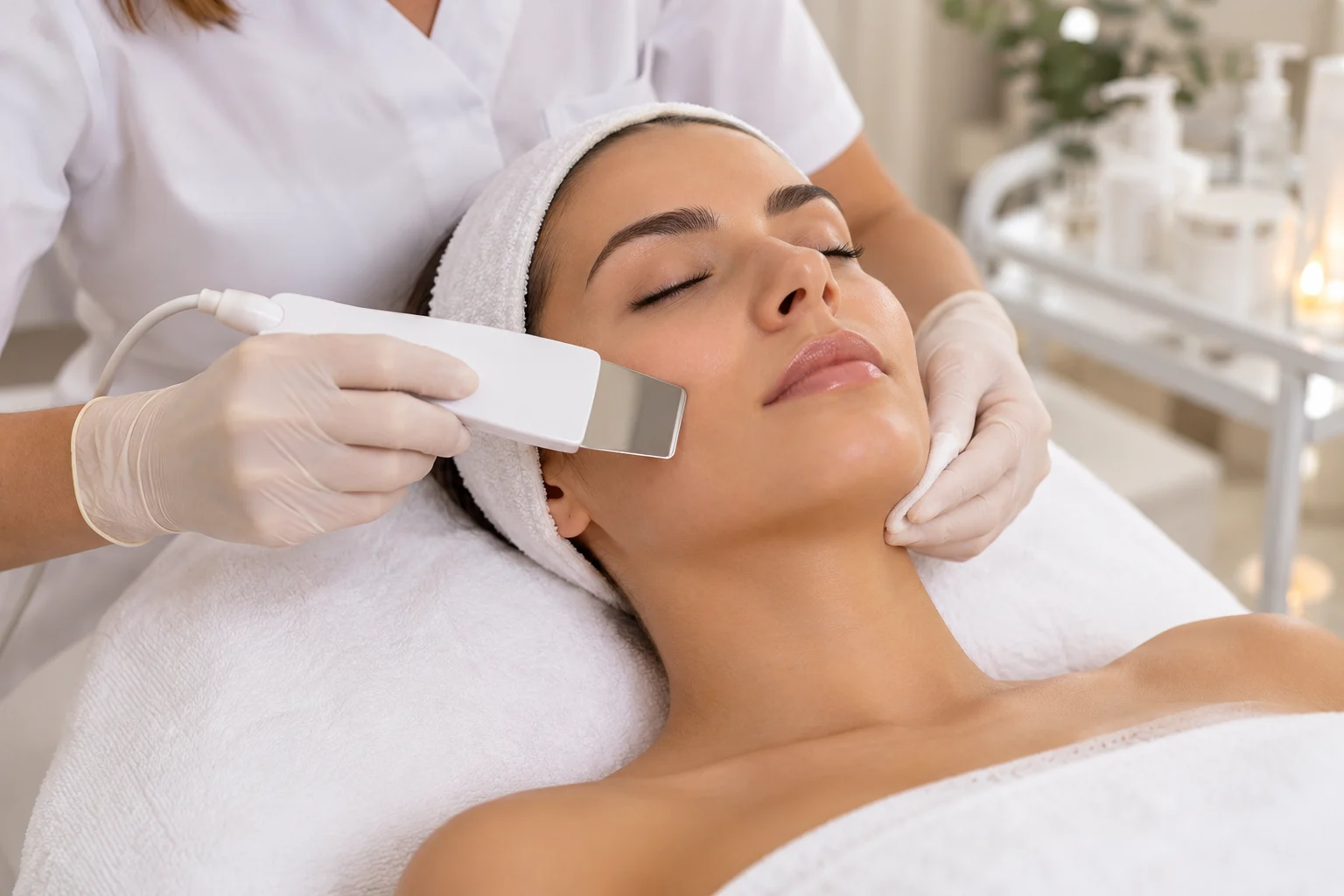 Tratamento facial com aparelho ultrassónico num spa moderno.