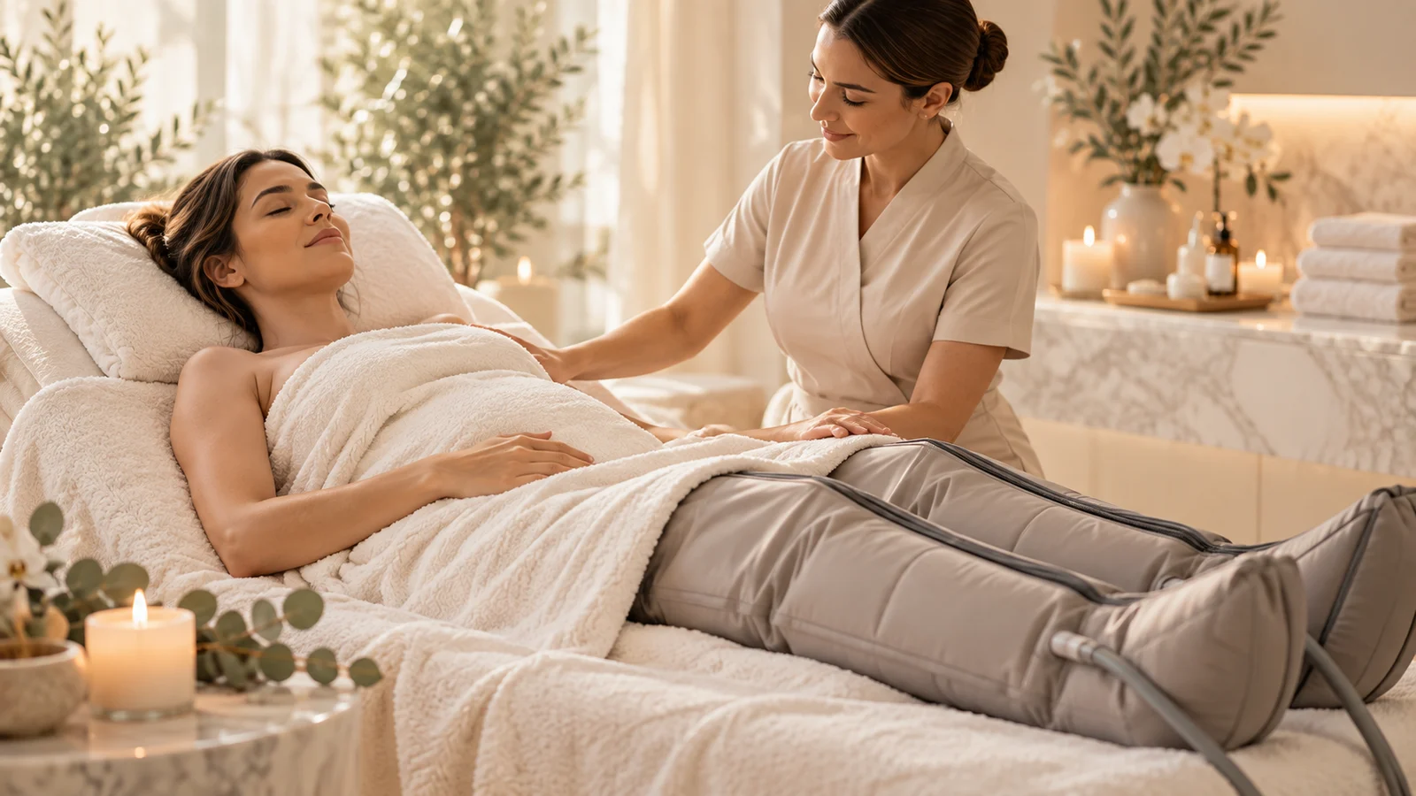 Tratamento corporal com botas de pressoterapia.