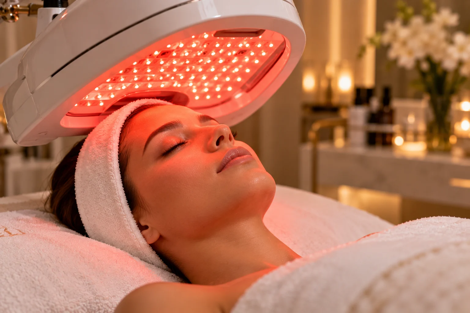 Terapia LED facial num spa de luxo.