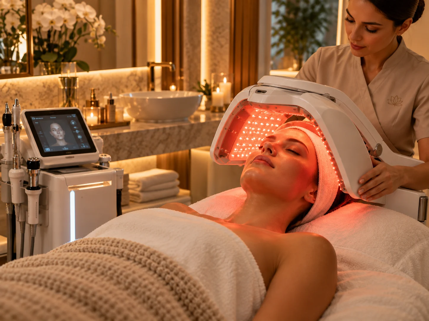 Terapia LED facial com máscara de luz vermelha.