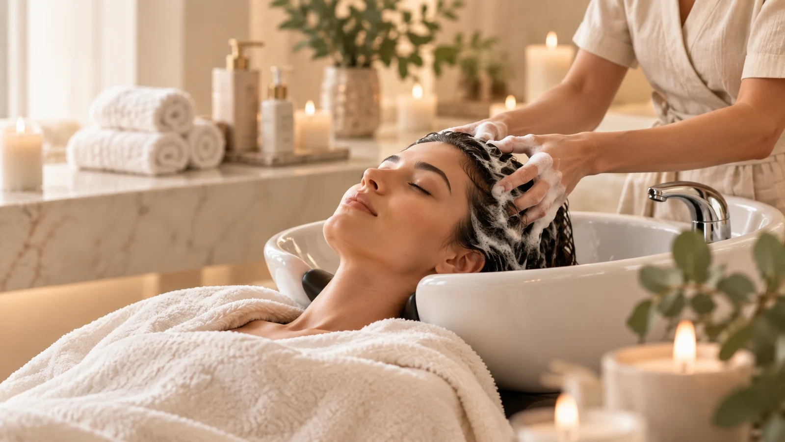 Ritual de head spa num spa de luxo.