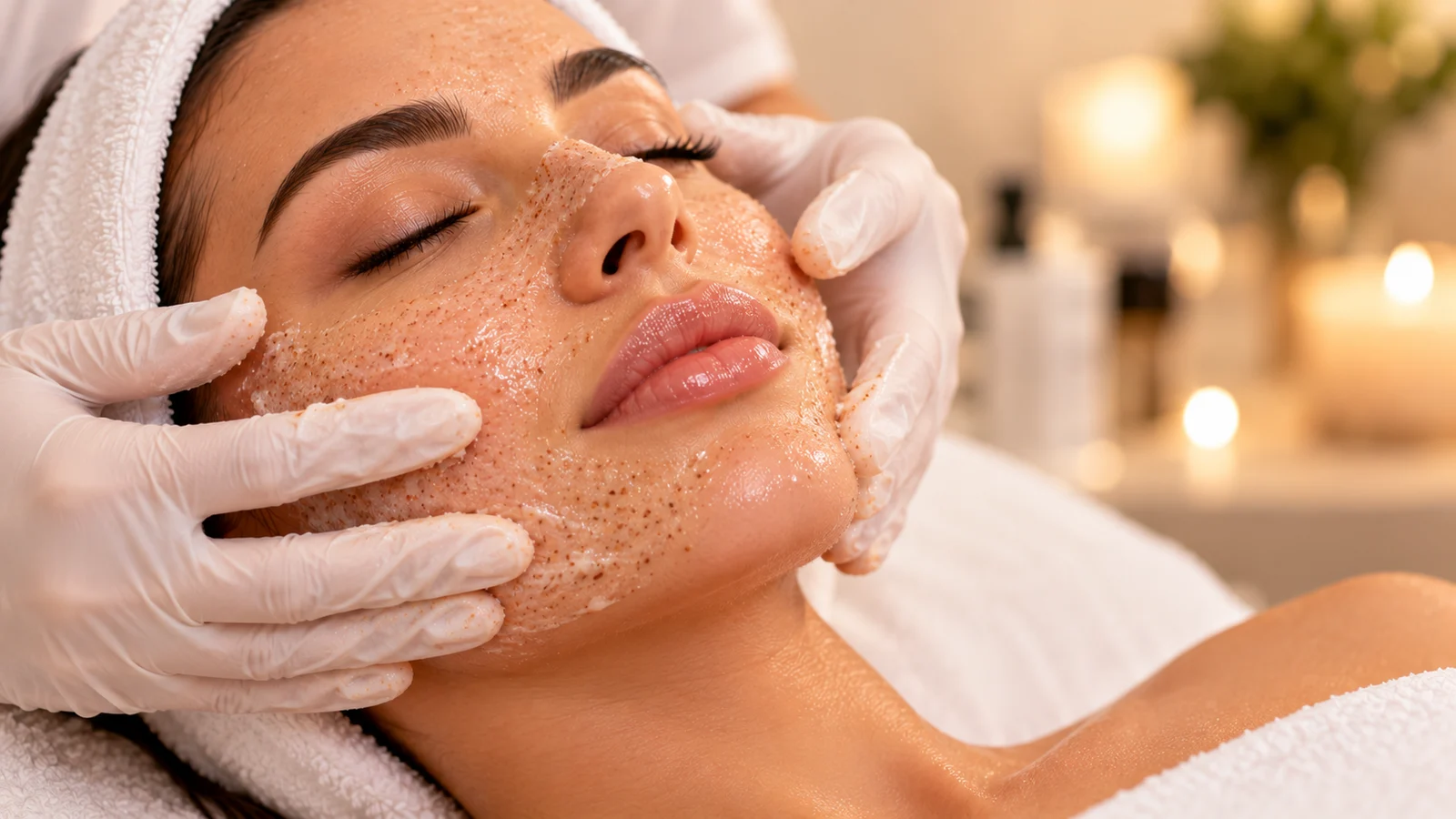 Esfoliação e limpeza de pele profunda num ambiente de spa.