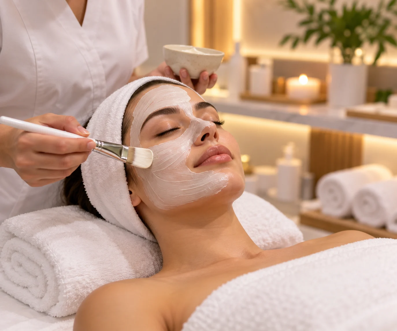 Tratamento facial relaxante num spa.