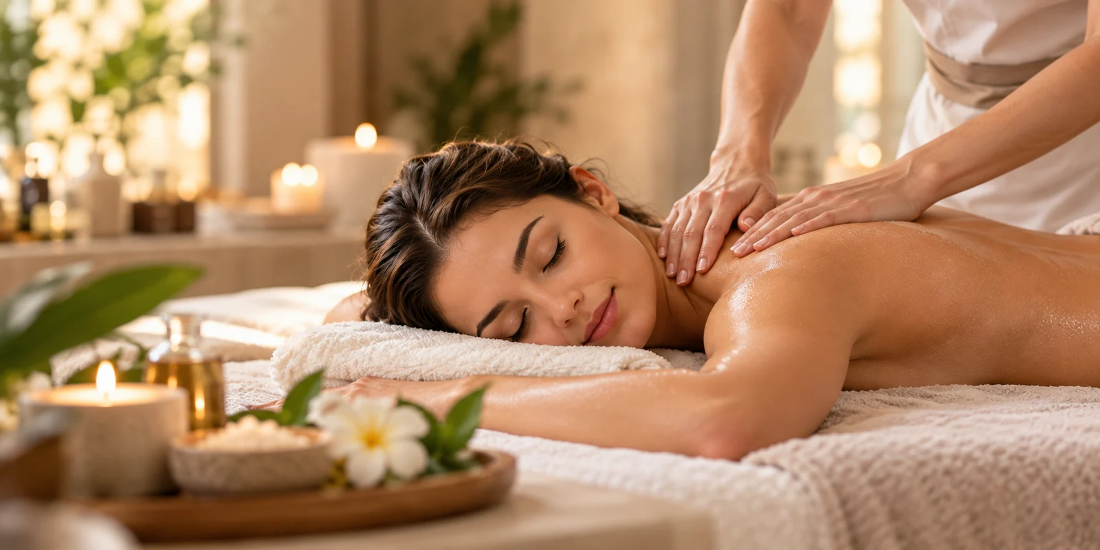 Massagem relaxante num spa tranquilo.