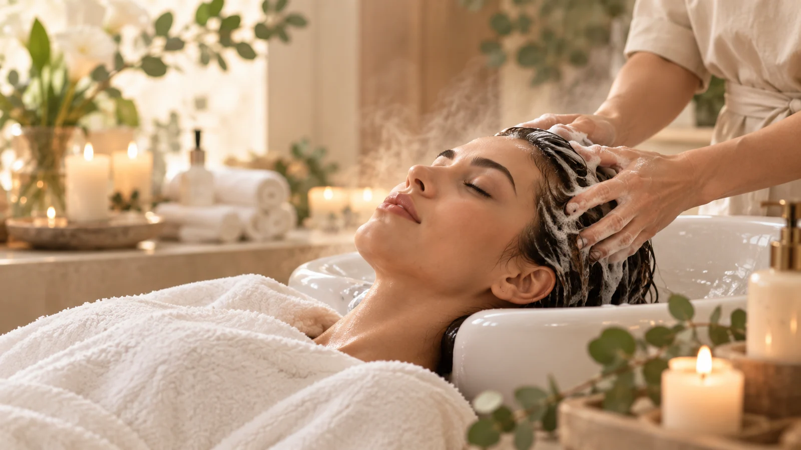 Ritual de head spa com lavagem e massagem do couro cabeludo.