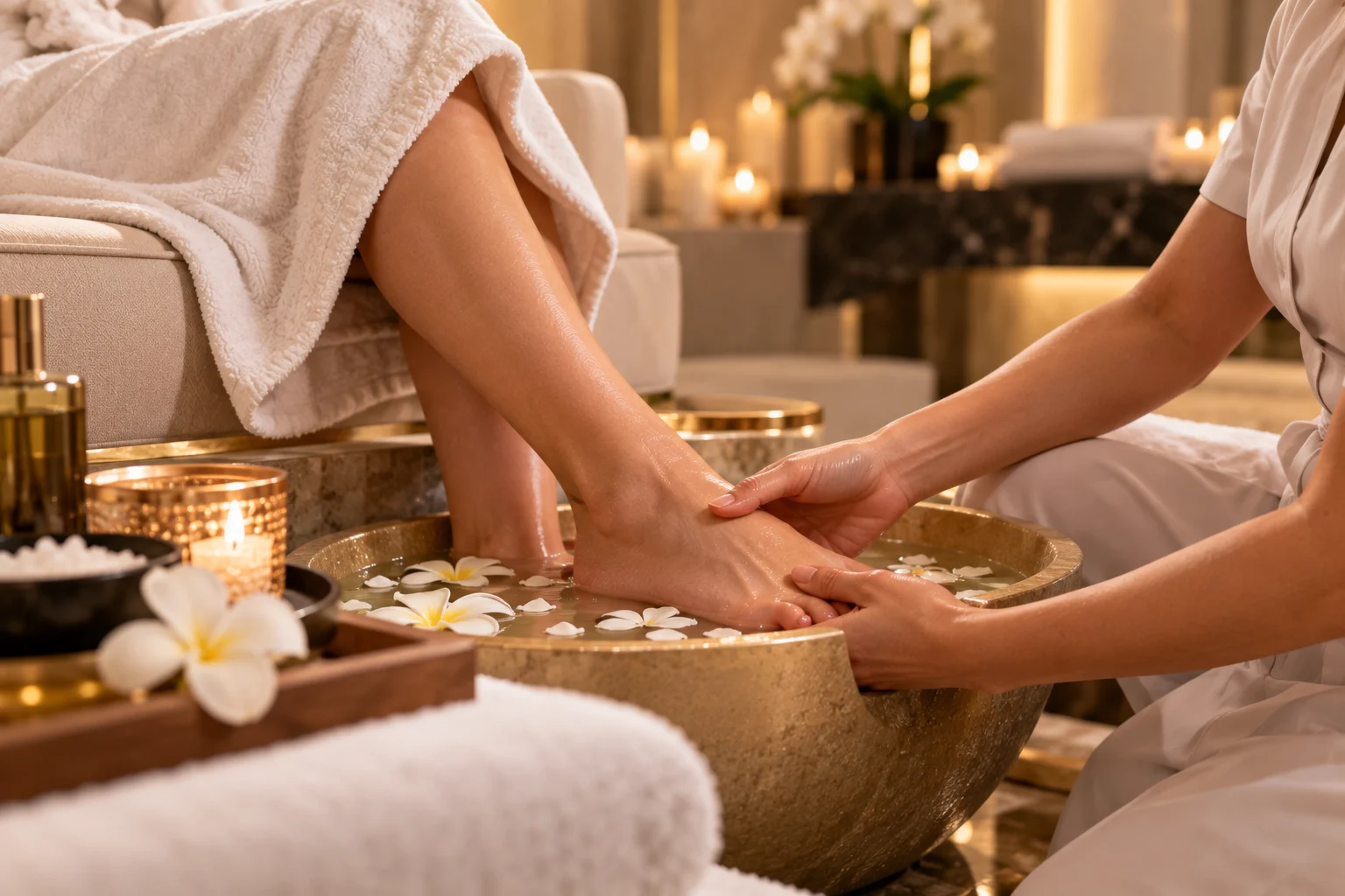 Ritual de spa a dois com flores e velas.