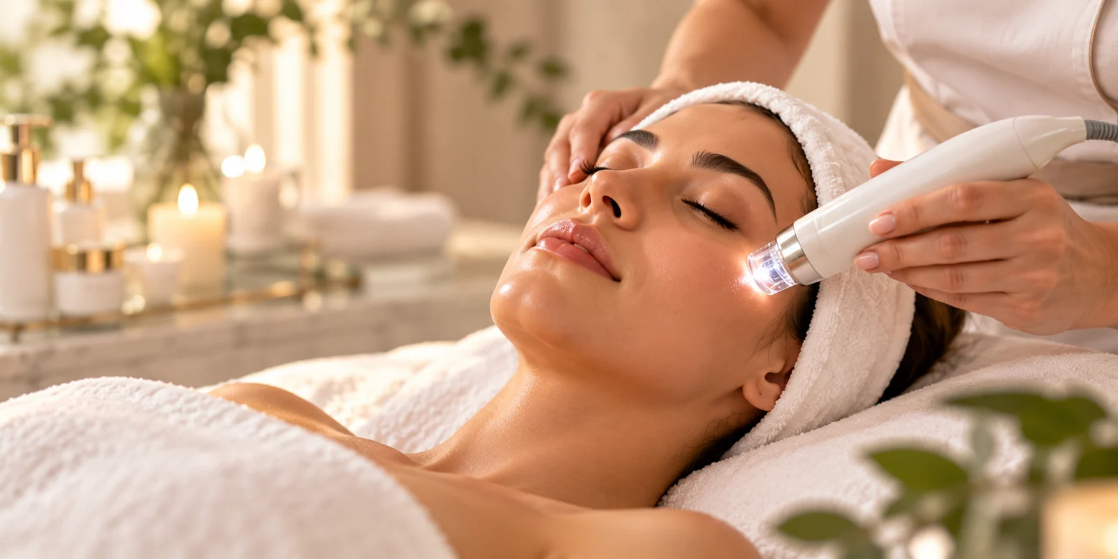 Tratamento facial avançado num spa luxuoso.