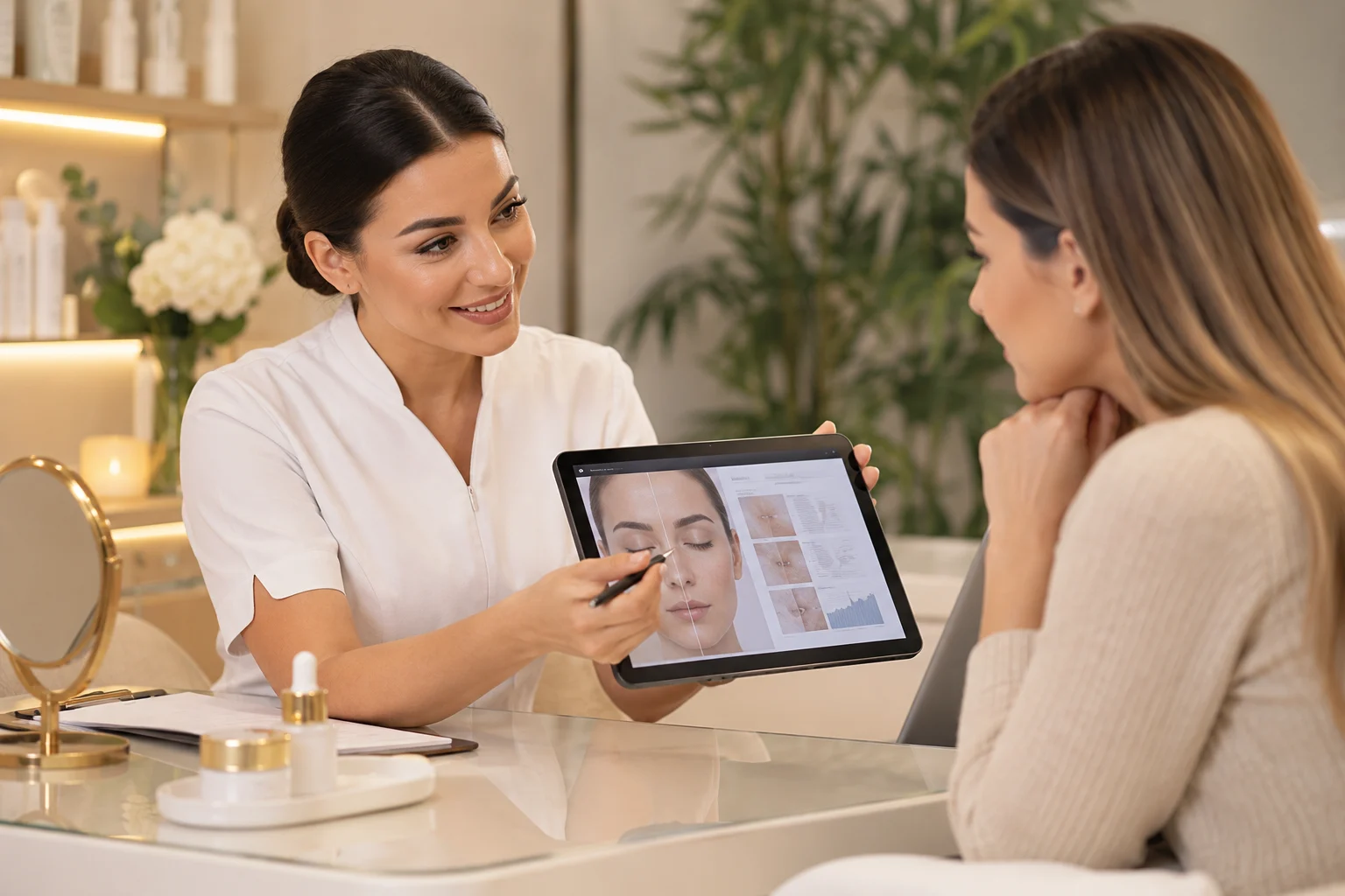 Consulta de beleza com análise facial num spa.